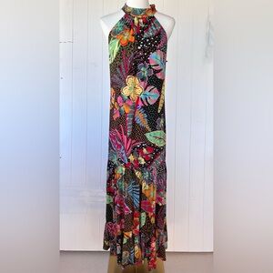 Vince Camuto Oscar‎ Halter Neck Tiered Maxi Dress Rich Black Tropical Floral Sm